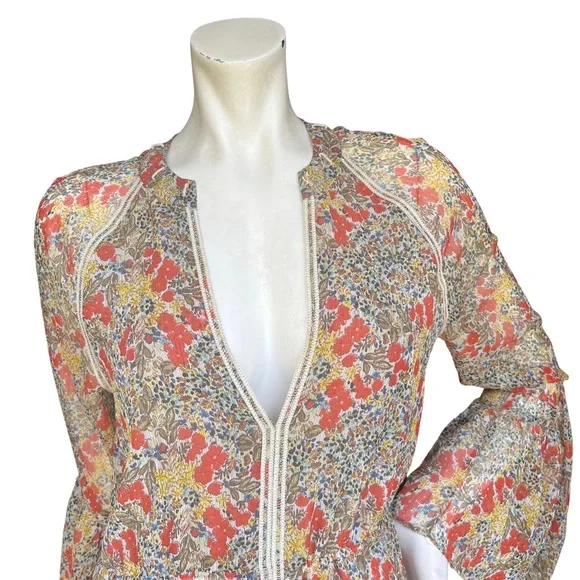 Alexis Floral Flowy Mini Babydoll Dress with Bell Sleeves and Tassels Size XS - Picture 6 of 14